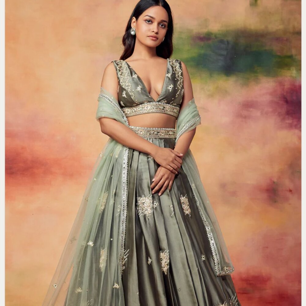 XXS Indian/Bollywood Wedding Dress - Olive Satin Lehenga made in India!